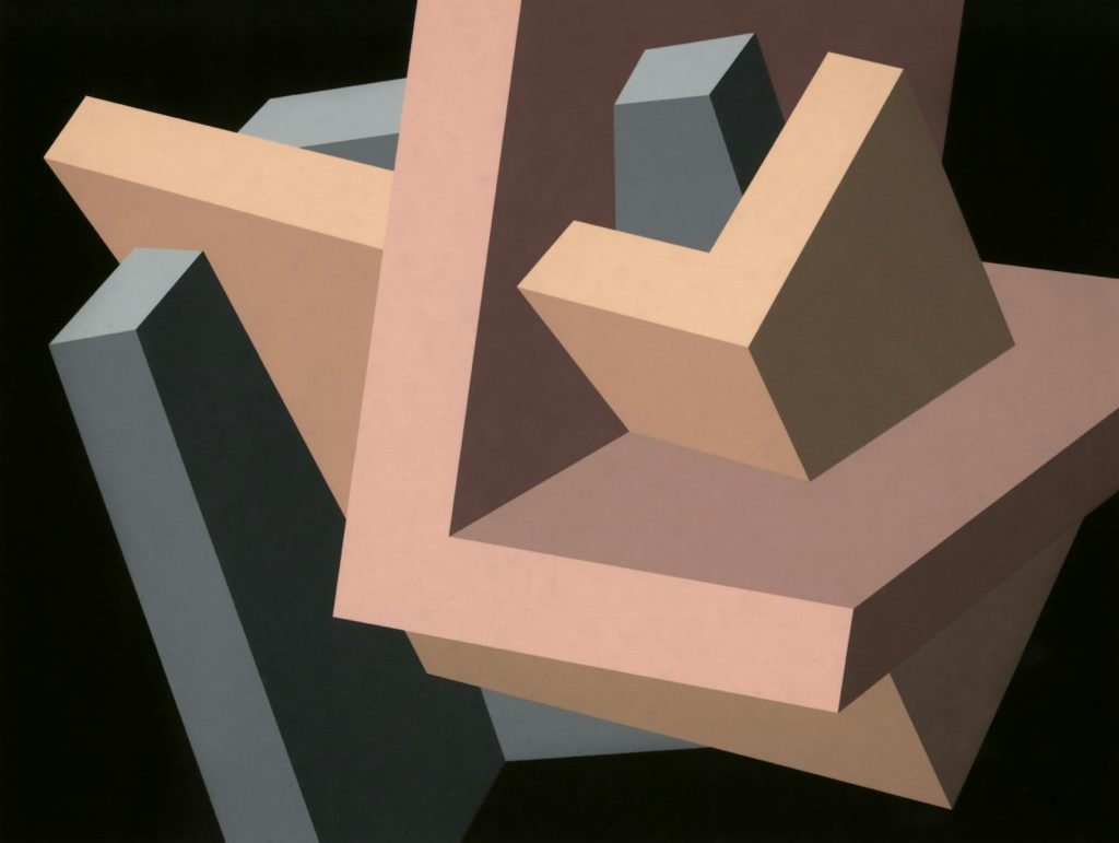 Geometric shapes overlap against a black background.